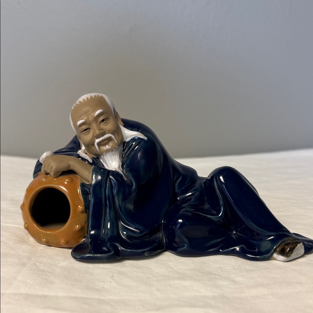 Vintage Chinese Mudman Figurine Reclining Scholar Blue Robe Porcelain 4in